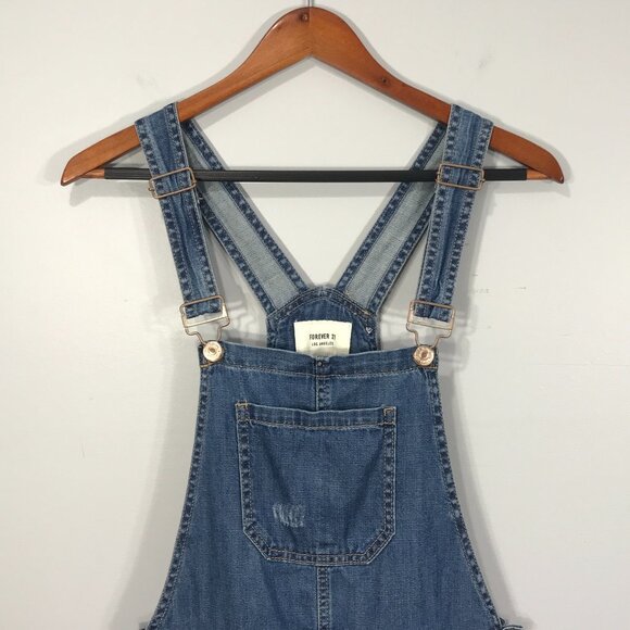Forever 21 Overalls Womens 28 Blue Denim Jeans Distressed Straight Button Pocket - Picture 9 of 16
